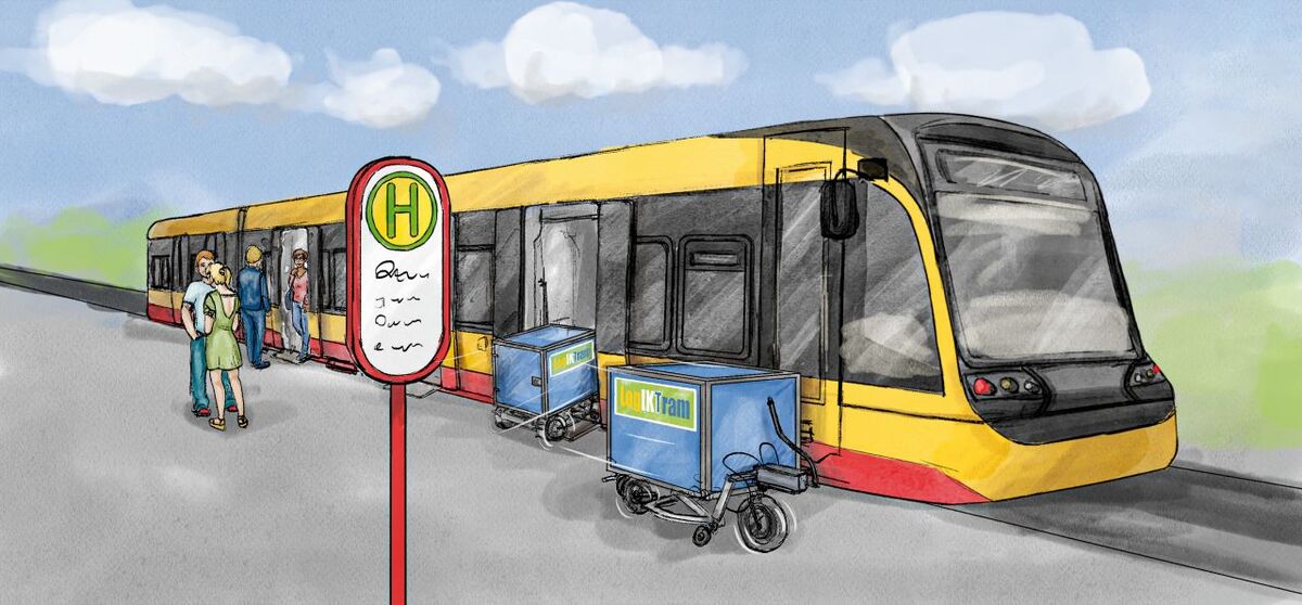 Zeichnung einer Straßenbahnhaltestelle mit Tram und Fahrgästen