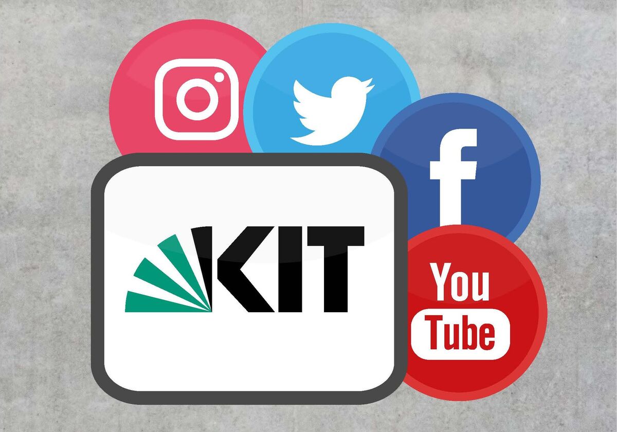 Logo das KIT im Vordergrund. Im Hintergrund: Logos von Instagram, Twitter, Facebook und YouTube.